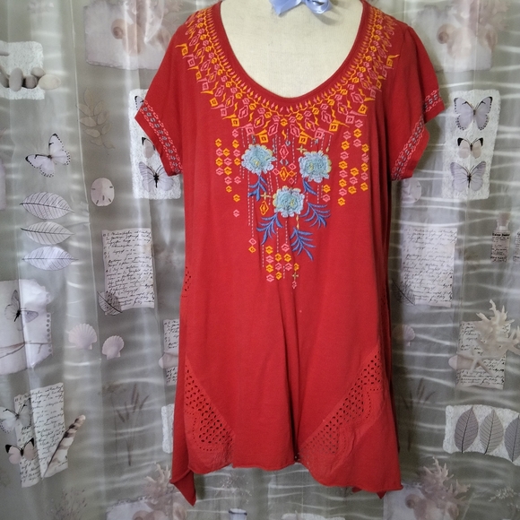 Sundance Red Boho Marguerite Embroidered Floral Eyelet Short Sleeve Tunic XL - Picture 9 of 15